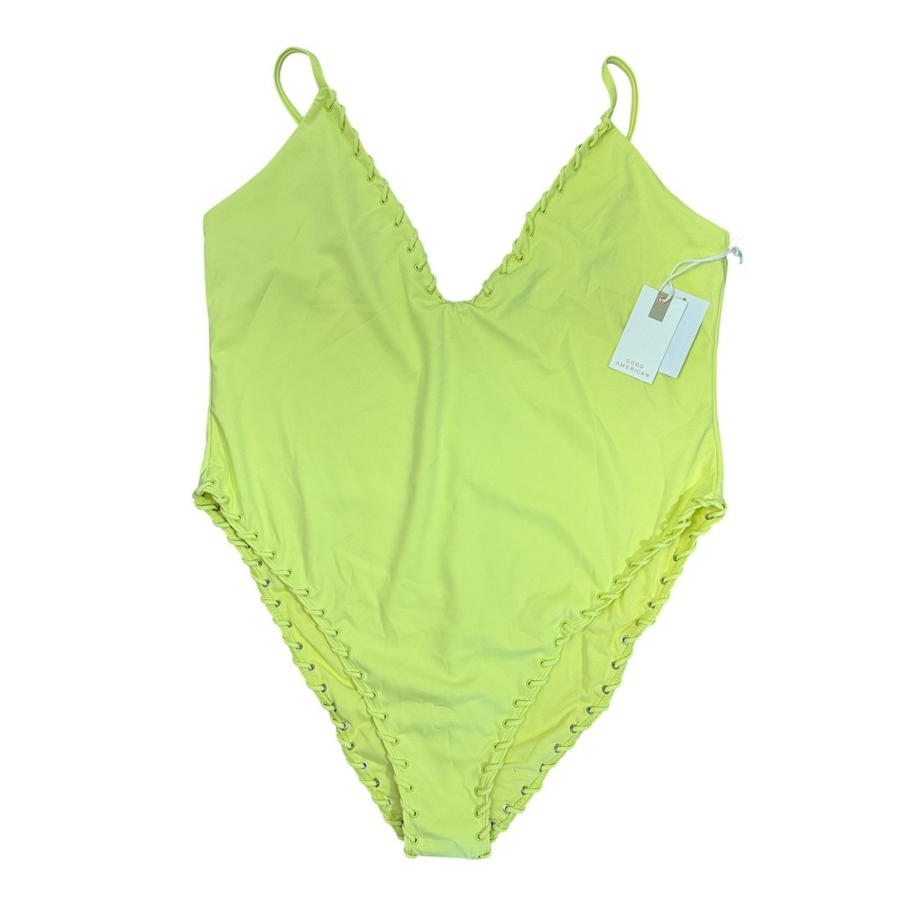Good American Palo Verde Lace Up One Piece Swimsuit Neon Yellow 4XL NWT GSW0944